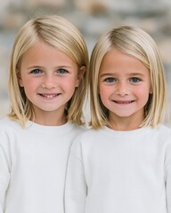 Two happy young blonde twin children smile warmly at the camera in white sweaters, captured in a bright, natural setting with a softly blurred neutral backdrop.