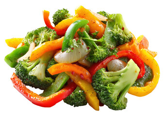 Colorful mix of stir fried vegetables including broccoli, peppers and snap peas, isolated on transparent background
