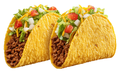 Two golden hard shell tacos filled with seasoned meat and fresh toppings isolated on transparent background