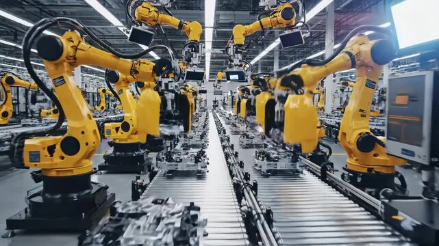 Automated Industrial Production Line with Welding Robots - A factory floor shows rows of yellow robotic arms welding car parts on a conveyor belt, with sparks flying.