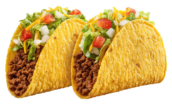Two golden hard shell tacos filled with seasoned meat and fresh toppings isolated on transparent background