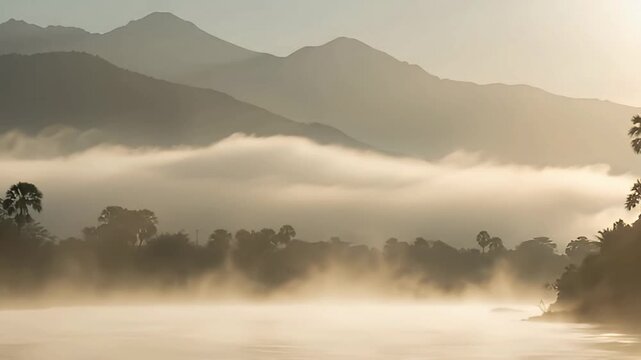 An ethereal and breathtaking landscape unfolds as majestic mountains rise in the distance, partially obscured by a thick, atmospheric layer of swirling fog or mist. Golden hour light, likely dawn or d