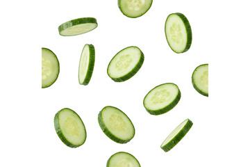 PNG. fresh cucumbers slices falling. Falling cucumber slices on transparent background.