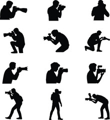 Set of photographer silhouettes, cameraman with professional equipment, filming and taking photos in various poses, vector illustration isolated on white background.