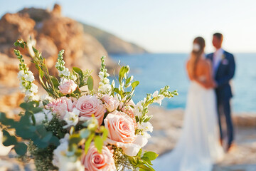 Wedding bouquet with pink roses, blur background with bridal couple and sea. Concept of romance, marriage, ceremony, celebration, and summer honeymoon