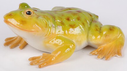 A close-up view of a ceramic frog figurine, light green and yellowish with orange accents, on a white backdrop