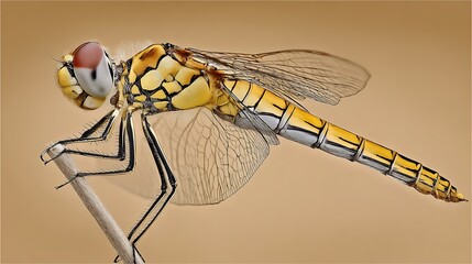 A close-up view of a colorful dragonfly perched on a slender twig, set against a soft background