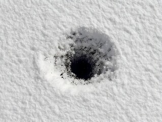 A close-up view of a circular, dark hole contrasting with textured white snow surface