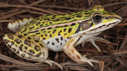 A close-up view of a colorful frog with spotted patterns, resting on dried leaves and ground