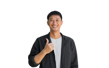 A young Asian man wearing black coat with a smile pointing thumbs up isolated on a white background. Well done. Agreement concept. Happy man