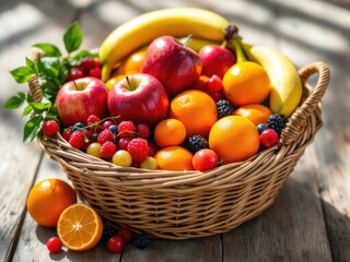 Basket of fresh, colorful fruit on a bright wooden surface