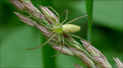 A close-up view of a small, bright green spider perched atop a stalk of grass