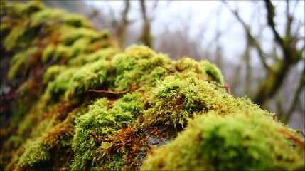 A close-up view of moss-covered stone structure with blurred foggy background