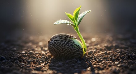 Seed germination and the beginning of new life in fertile soil. Ecology and agricultural concepts. Close-up of a small green sprout emerging from a patterned seed pod in dark ground