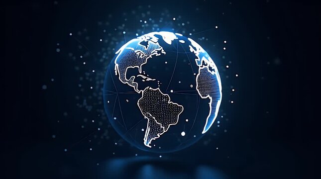 Futuristic wireframe 3D globe with metallic lines, network connections, glowing points, and modern tech-inspired structure ideal for business, tech, and global communication graphics.