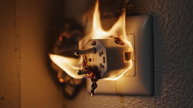 Electrical Fire Hazard - Close-up shot of a white electrical plug on fire and partially melted in a white wall outlet. The flames are bright and the plastic is burning.