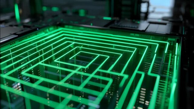 Futuristic Green Neon Maze Circuit Board Animation Technology Digital Background