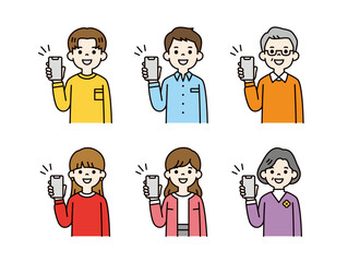 スマートフォンの画面を見せる、様々な世代の男女の上半身ベクターイラスト素材セット＿カラー