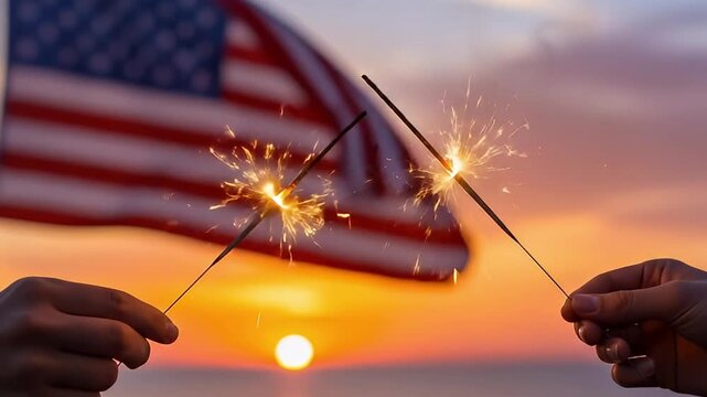 Close-up of hands holding lit sparklers, emitting brilliant golden sparks against a soft, colorful sunset or sunrise sky. In the background, a gently waving, out-of-focus banner displays patriotic col