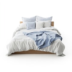 Minimalist wooden platform bed dressed in crisp white linens and accented with soft blue and white pillows against a bright background