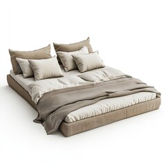 Luxurious king size platform bed with textured neutral linens and multiple plush pillows isolated on white background for interior design
