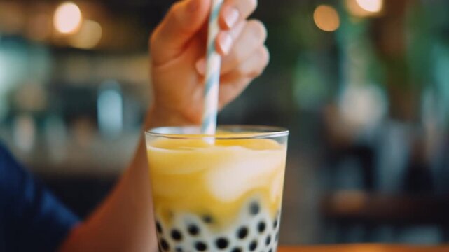 POV of a person stirring a vibrant yellow mango boba or fruit smoothie drink with a spoon in a clear glass, showing the swirling texture of the creamy mixture and the chunks of fruit.