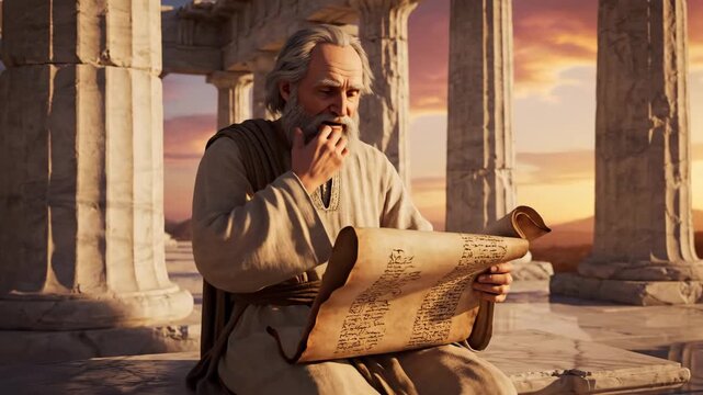 Ancient Scholar Reading Scroll - An elderly man with a long white beard is seated amongst stone columns, unrolling and reading an ancient scroll.