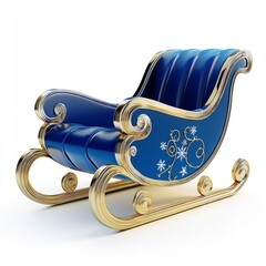 Luxurious royal blue and gold sleigh with intricate snowflake design isolated on a clean white background for holiday celebration