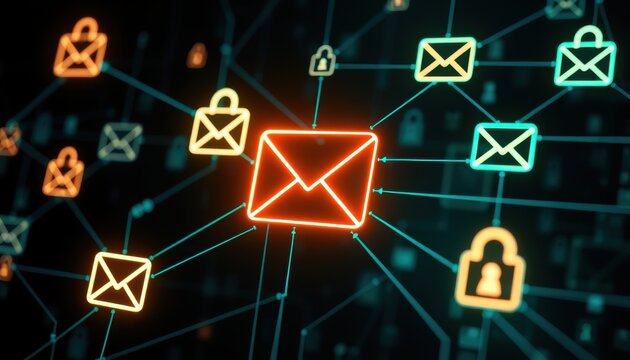 Digital network of glowing email and padlock icons representing secure online communication and data protection - Powered by Adobe