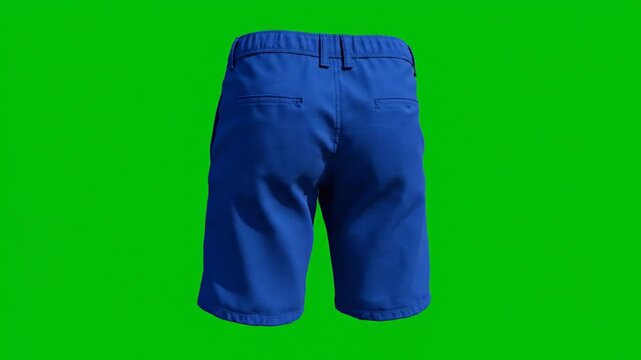 Blue fabric shorts mockup rotating in full 360-degree loop on clean green screen for apparel preview use