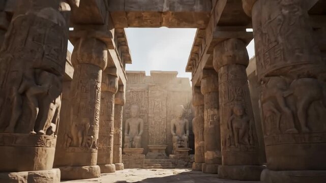 Ancient Egyptian Temple Ruins - This video depicts the interior of an ancient Egyptian temple featuring rows of intricately carved columns and two seated statues at the far end of the hall.