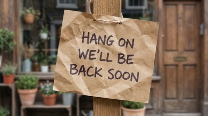 hang on we will be back soon handwritten sign on cardboard for temporary business closure store maintenance or shop reopening announcement to customers