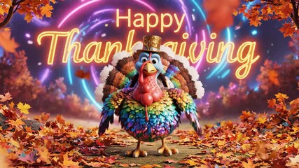 Colorful Thanksgiving Turkey Animation - A vibrant cartoon turkey stands on a leaf-covered ground, wearing a gold glitter top hat.