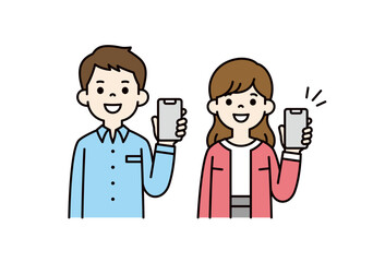 左手でスマートフォンの画面を見せる、男女・夫婦の上半身ベクターイラスト素材セット＿カラー