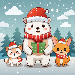 Happy Christmas holiday card featuring a cartoon vector illustration of Santa Claus and a snowman decoration in the winter snow