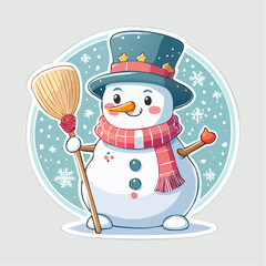 Happy new year snowman cartoon illustration with a carrot nose, red scarf, and broom decoration in a winter landscape