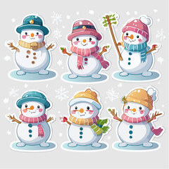 Cute vector illustration of a set of cartoon snowmen with scarves and hats in the snow for a Christmas holiday card