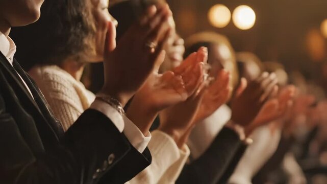 Audience Applauding Performance - A diverse audience is shown clapping their hands enthusiastically during a performance, likely at a theater or event.