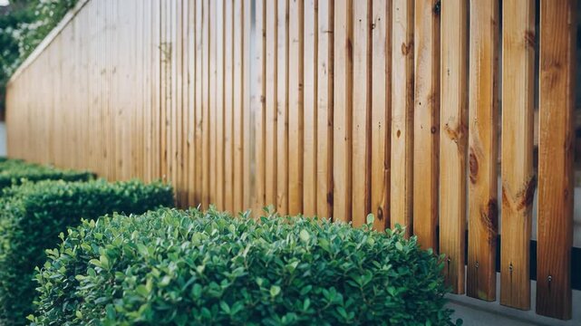 Clean, vertical wooden slat fence bordering a modern backyard, with a row of neatly trimmed green boxwood hedges at the base. Ideal for privacy and landscaping