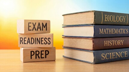 exam readiness prep text on wooden blocks with stacked textbooks including biology mathematics history and science for student test preparation study skills and academic achievement