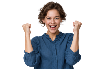 Happy and excited young woman raises clenched fists in a gesture of celebration and success, isolated on transparent background