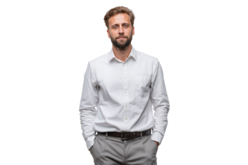 Serious businessman in a white shirt and grey pants, hands in pockets, standing isolated on white background