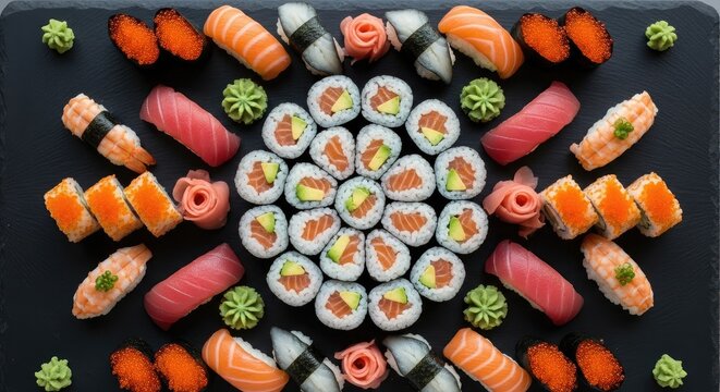 Assorted sushi platter with rolls nigiri and wasabi on a black surface - Powered by Adobe