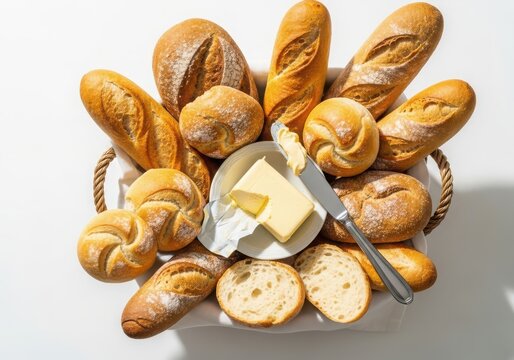 Assortment of fresh baked bread rolls and baguette in basket with butter and knife