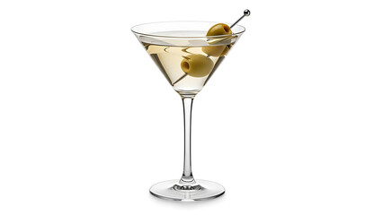 Classic chilled martini cocktail in an elegant glass with two green olives on a skewer, isolated on white