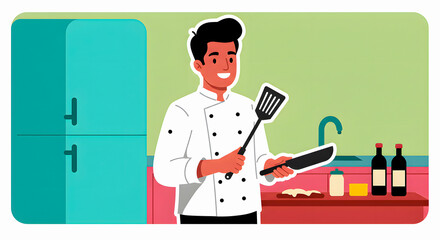 A cheerful male chef in a white uniform holding a spatula and knife, ready to cook in a modern kitchen with red and blue accents