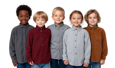 Multiethnic group of five happy children, boys and girls, standing and smiling together, isolated on transparent background