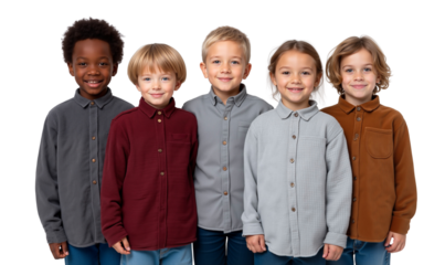 Multiethnic group of five happy children, boys and girls, standing and smiling together, isolated on transparent background