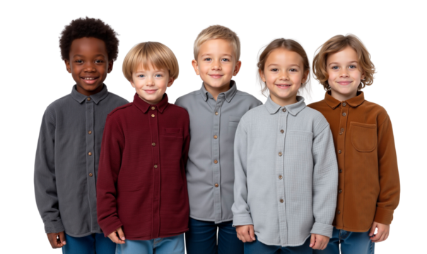 Multiethnic group of five happy children, boys and girls, standing and smiling together, isolated on transparent background - Powered by Adobe