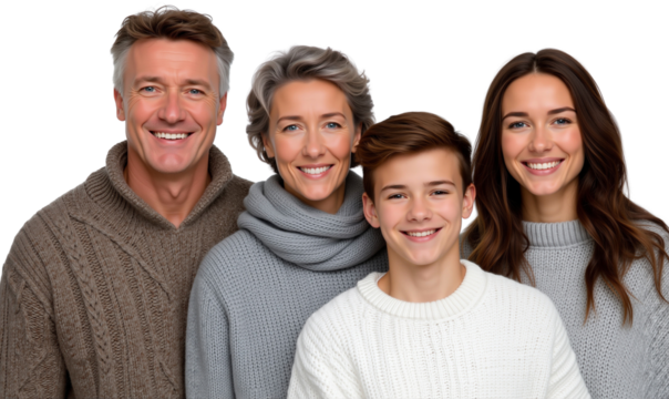 Portrait of a happy family smiling in cozy knitted sweaters and poses together, isolated on transparent background - Powered by Adobe